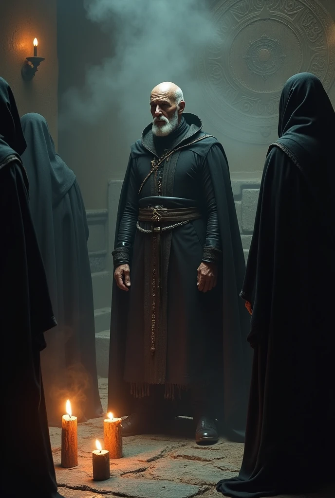 Veteran man, 3 in black leather tunics and black cloaks, he participates in the dragon cult