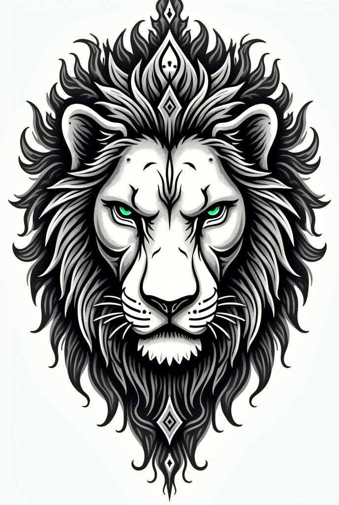 Tatouage style indien avec lion aux yeux vert regard méchant, en noir et blanc 