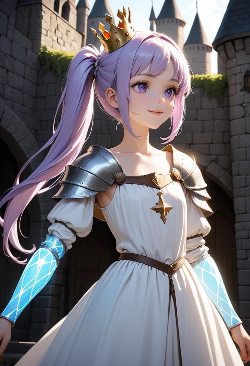 Young face, slim, girl, lilac hair, side ponytail, glowing skin, princess crown, purple eyes, long white dress, flat chest, medieval, gentle smile, standing, sunlight, sparkling, castle