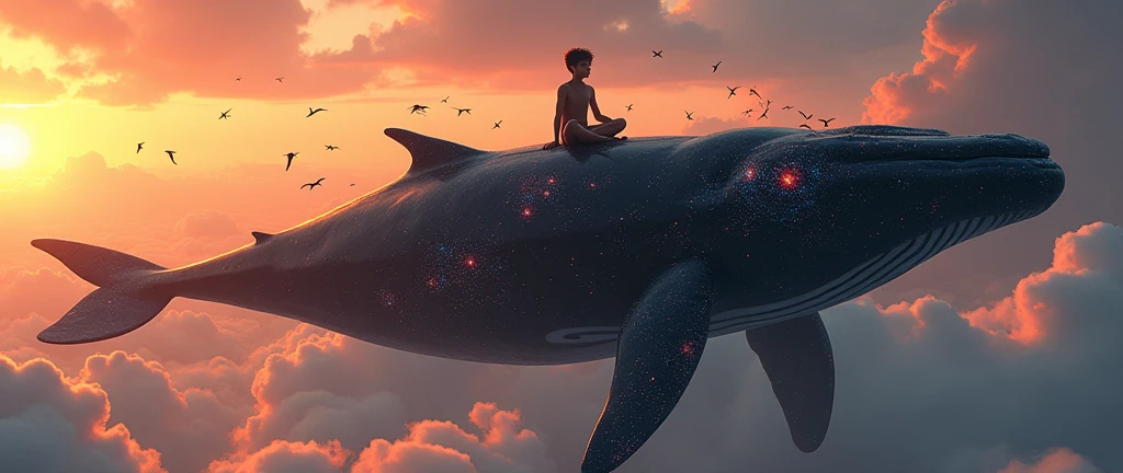 Young boy, sitting on a big black whale with galactic design that is flying in the sky, several colorful and small birds flying around the whale, sunset, work of art, precise, cinematic lighting, highy detailed, conceptual artwork, panoramic and aerial image