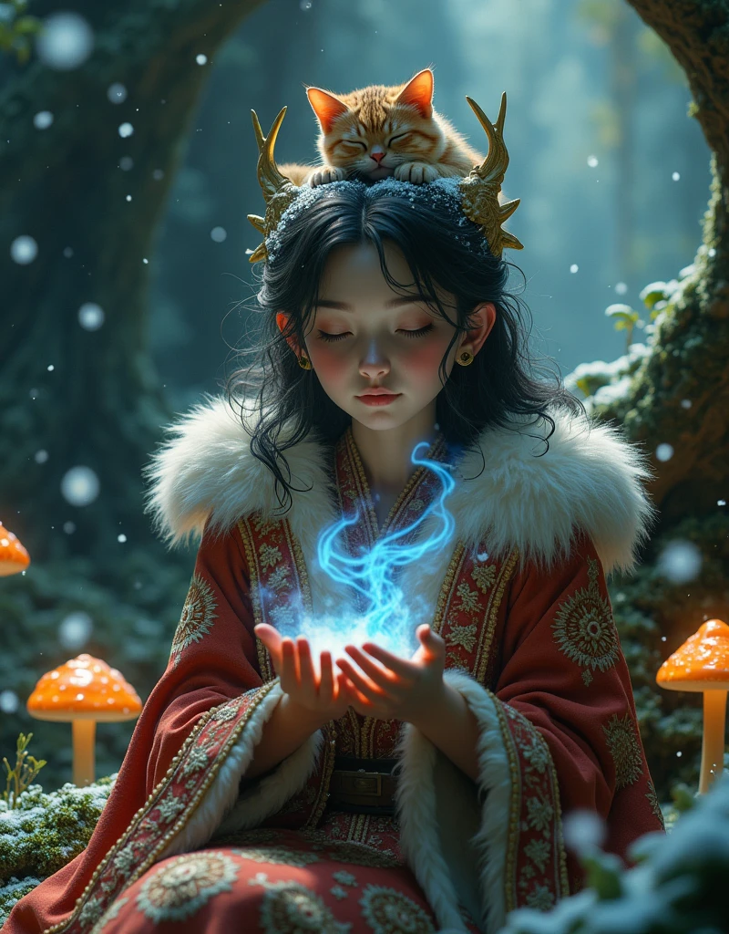 Ghibli Studio style, vibrant colors, close-up of a beautiful enchantress's hands holding a baby dragon overflowing with swirling, luminescent mist. She wears a richly embroidered mage coat with fur accents, seated in a throne carved from a living tree that glows with runes. A calico cat sleeps peacefully on her head, glowing mushrooms around, snowflakes drifting into her grove dwelling, a sense of powerful yet gentle magic.