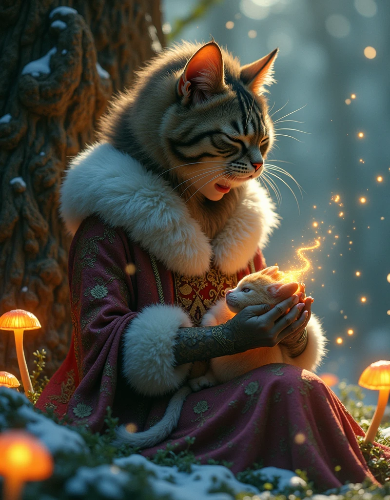 Ghibli Studio style, vibrant colors, close-up of a beautiful enchantress's hands holding a baby dragon overflowing with swirling, luminescent mist. She wears a richly embroidered mage coat with fur accents, seated in a throne carved from a living tree that glows with runes. A calico cat sleeps peacefully on her head, glowing mushrooms around, snowflakes drifting into her grove dwelling, a sense of powerful yet gentle magic.