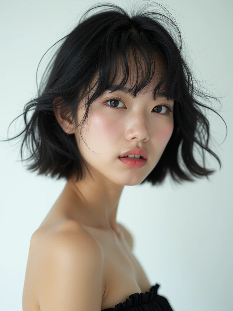 real photograph, (masterpiece), (highest quality), (Super detailed), (messy hair), (shape), (one japanese girl), (fashionable off shoulder dress), Are standing, Fashion Model, (interview), (simple white background), fine and beautiful eyes, delicate beautiful face, floating, (high color saturation),  focus on face, bob cut hair, black hair, bangs,floating Hairs, (shining), best writing, best shadow,stylish living room