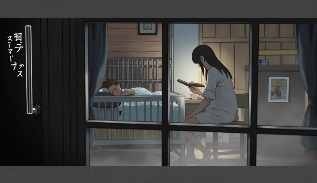 Cinematic. Realistic. The camera is positioned just outside the house, taking a picture through the window, a warm scene of a woman with long straight black hair wearing vintage style white nightgown, sitting on a wooden chair while reading a book for a little child who is laying inside a white crib, tucked under a light blue blanket. The crib is in front of the woman. To the right of the crib there is a small table with a nightlamp on it. It casts a yellow warm dim lighting illuminating the bedroom. A curtain on the wall behind the nightlamp.