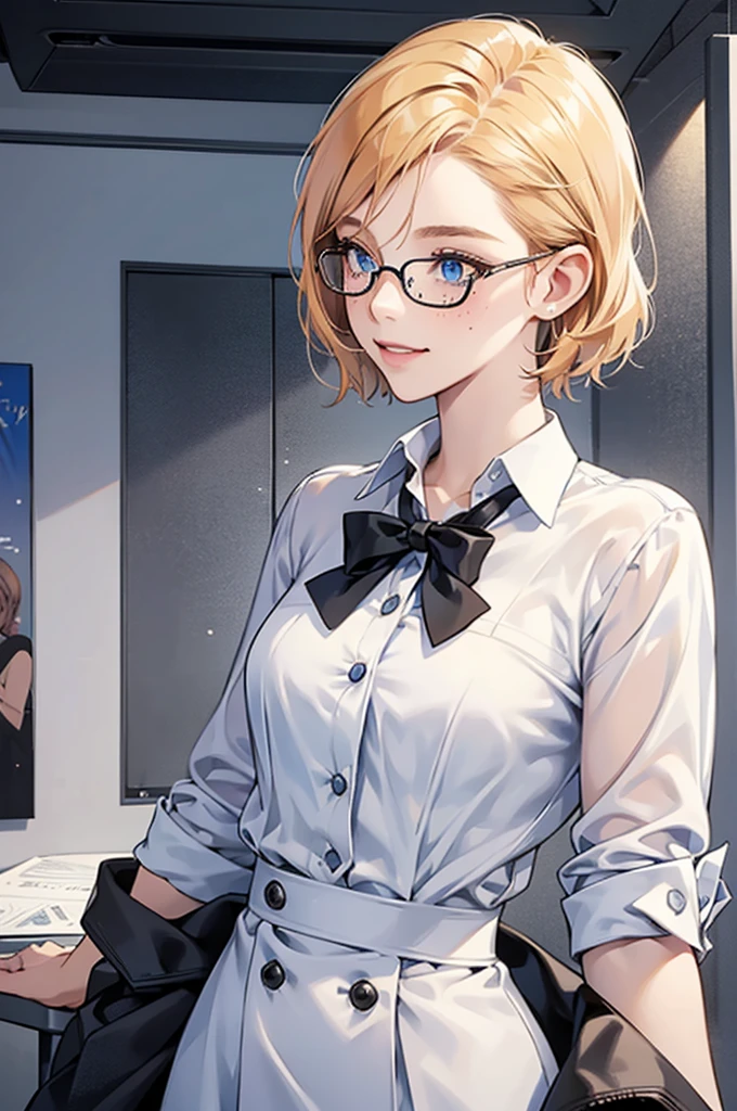 A petite young woman with strawberry blonde short hair pulled back, revealing her bright blue eyes behind stylish glasses. She has a playful, sly smile and her face is sprinkled with freckles. She is dressed in a white shirt and a sleek black office suit that is professional yet flattering. The image is well-lit, highlighting her sharp and confident look while maintaining a safe-for-work atmosphere.