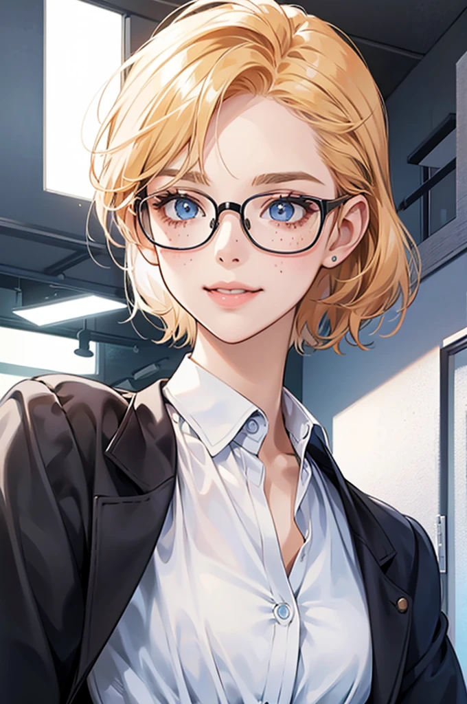 A petite young woman with strawberry blonde short hair pulled back, revealing her bright blue eyes behind stylish glasses. She has a playful, sly smile and her face is sprinkled with freckles. She is dressed in a white shirt and a sleek black office suit that is professional yet flattering. The image is well-lit, highlighting her sharp and confident look while maintaining a safe-for-work atmosphere.