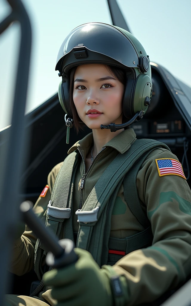 Ultra-high resolution，High-resolution details，Photo real, , (1 Korean female pilot，Super beautiful，Super white skin，Super white face), (Wearing pilot camouflage uniform，Wearing a pilot helmet), Military fighter，Female fighter pilot，Sitting in the cockpit of an airplane，Holding the aircraft override handle ready to take off，（Showing the appearance of a fighter jet）