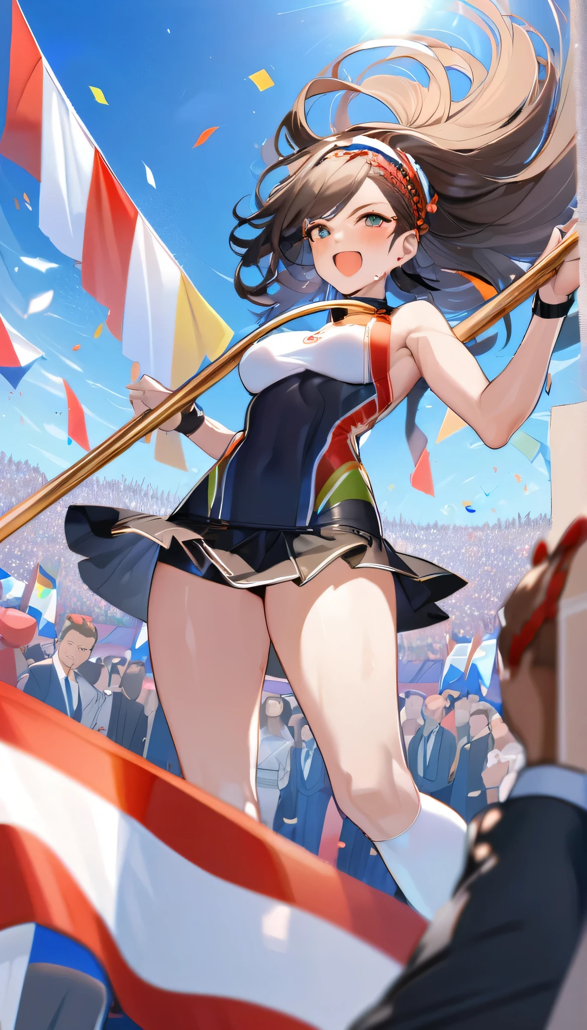 best quality, Good quality, 16K, Unbelievably ridiculous, Very detailed, 2.5D, Delicate and dynamic, Blue sky , sun wukong，穿着sun wukong的衣服，Hold a golden hoop stick，Tight sportswear，Wield a golden hoop stick，Sweat，Short skirt，sexly的女孩，Big ，sexly，Headband，Vision，whole body，crowd，A lot of people, Colorful contrails, Confetti, Olympic flag, crowd, audience, A lot of people々, gentlemen.々Race, gentlemen.々age, men and women, gentlemen.々nationality, Many flags