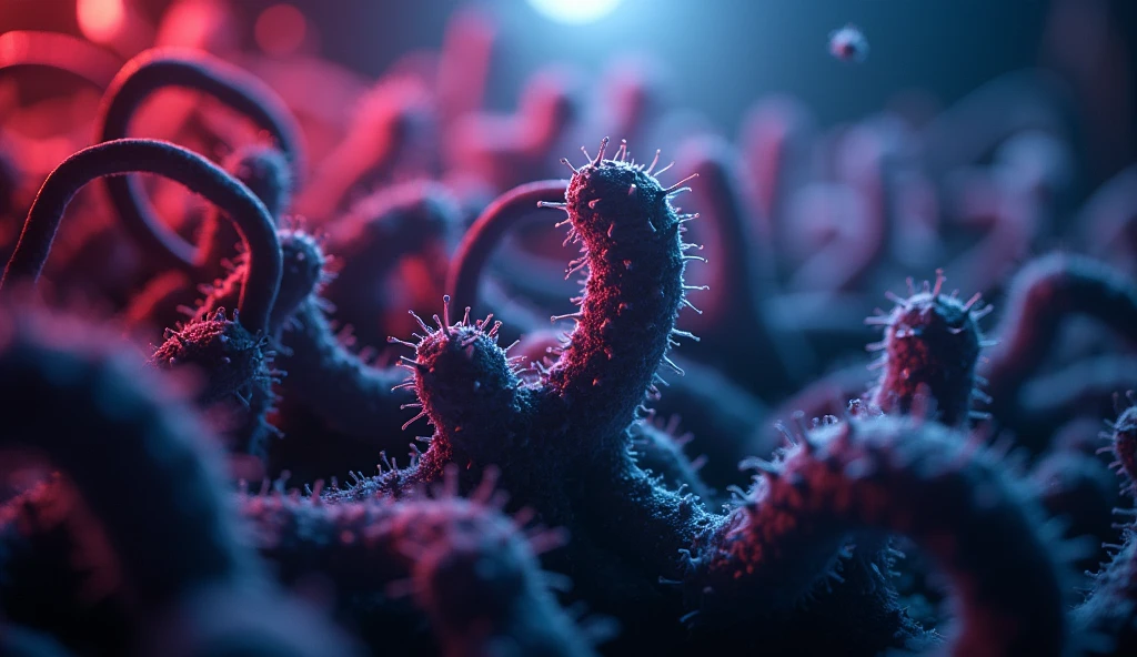 Complicated bacteria mutated life, backlit by led in dark scene, dramatic, bokeh f2.8
