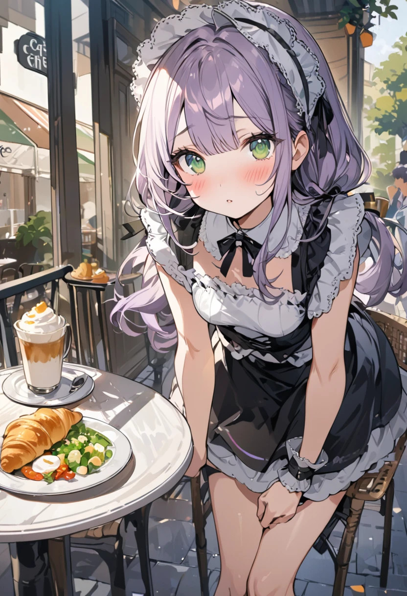 ((best quality, high resolution)), (delicate illustration), (vividcolor style illustration:0.9), (watercolor style illustration:0.4), ((beautiful:1.3)), 4k,

(((a  beautiful women))), masterpiece, detailed depiction, official art, humorous touches,  (blush),  ((Black maid outfit,)), breasts:0.7, dark green eyes, long Hair, pale purple,low-twintails,blunt bangs, small breast,A girl pulls out a table and chairs and invites people to sit down. On the table are fried eggs, vegetable salad, croissants, and coffee, (((Cafe Terrace:1.3))), ((glance upward at viewer)), cowboy shot, 