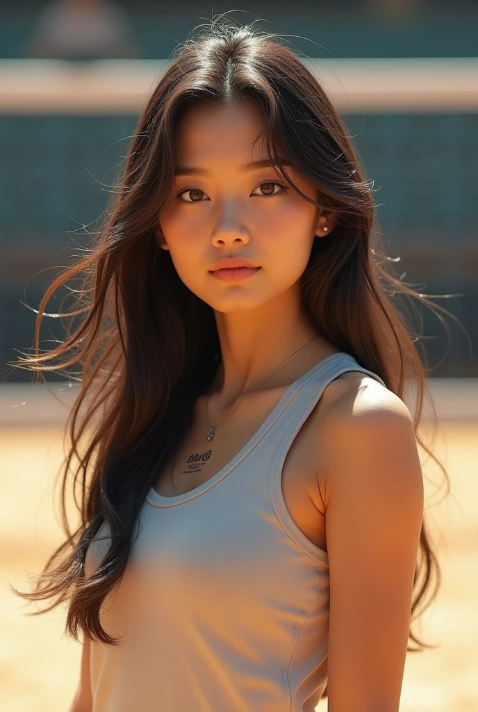 ((Picture a 1 with a mane of long, flowing brown hair, sporting blunt bangs that frame her face with a touch of elegance. Her slender figure is accentuated by perfectly sculpted curves, particularly her ample, perfectly shaped large breasts. The goal is to capture every aspect of her beauty in high definition (1.4 aspect ratio), from the smoothness of her skin to the fine details of her pores, all portrayed in breathtaking clarity)),
((Using advanced photography techniques, the aim is to create a scene that feels like a snapshot from a movie, transporting viewers into a world of realism and fantasy simultaneously. Shot in 8k RAW format (masterpiece: 1.2 aspect ratio), the image preserves every intricate detail with lifelike precision (photo-realistic: 1.33 aspect ratio).))
((Taken with a Hasselblad X2D 100C camera, the lighting setup is carefully calibrated to strike the perfect balance between natural and artificial illumination. The interplay of light and shadow accentuates her features, casting an ethereal glow that enhances her allure)),
((In the composition, she assumes a pose that exudes confidence and sensuality, her gaze locking onto the camera with a mesmerizing intensity. Erotic pose to seduce the viewer. Positioned on a basketball court bustling with activity, she stands out in her sleeveless yellow sports shirt and side breast view))