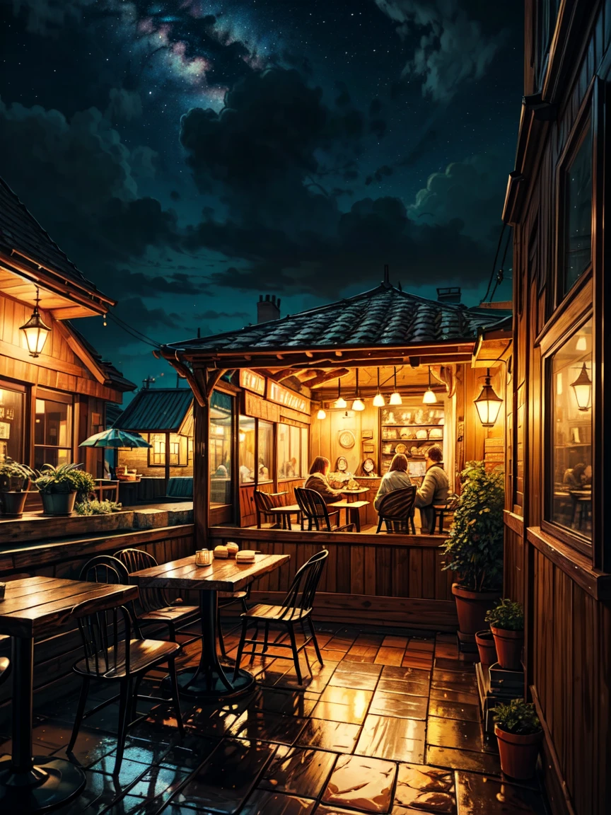 outside view, beautiful interiors of a (((cozy cafe shop))), wooden log furniture, cozy atmosphere, night time, soft tones, night scenes, starry skies, soft light, rainy night