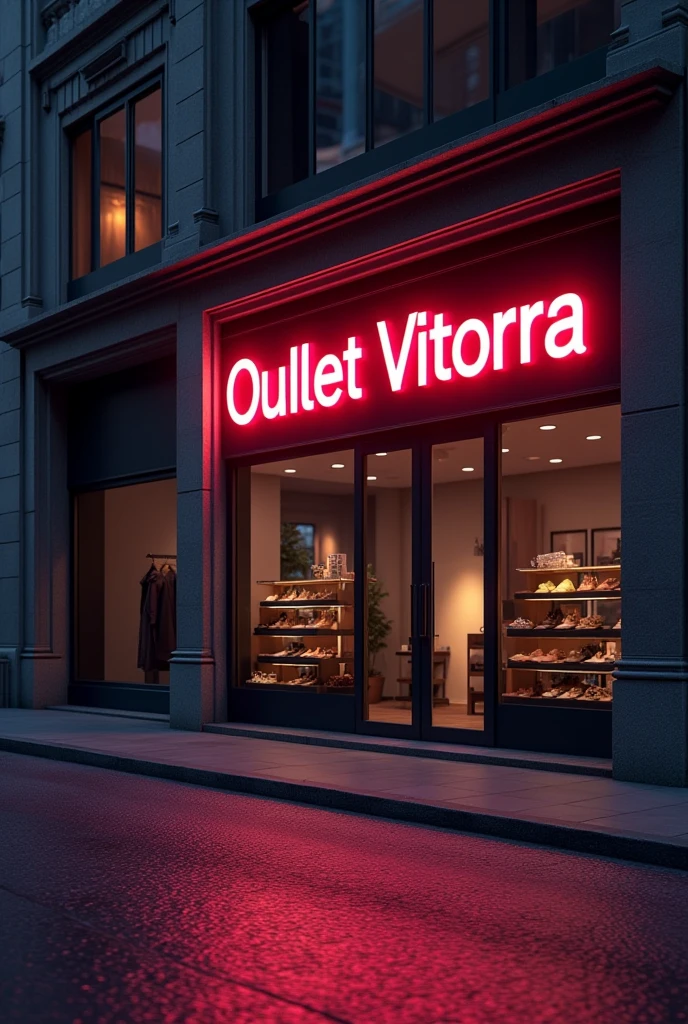 I want a high quality realistic Full 4k 3d image of my store and the written panel "Outlet Vitorra". It&#39;s night time and the name is in neon in front of the building with black glass windows., but it must be very beautiful and leave an air of confidence and credibility as if this place really existed 