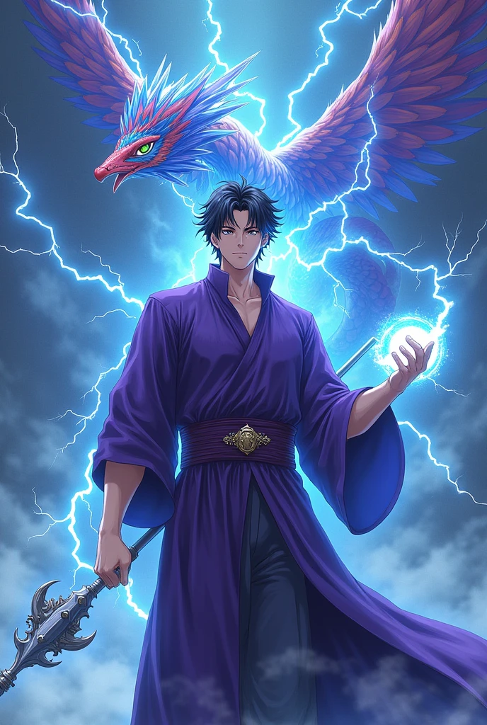 anime, man 30 years old, dark hair, lightning comes out of his eyes, air stict, dressed in a purple magician&#39;s robe, has a metal stick on which lightning strikes. ((Behind him a serpent with multi-colored feathers, winged, quetzalcoatl way)). (Electricity emanates from the feathers on the feathered serpent&#39;s body). (The magician&#39;s body is also traversed by electric arcs.). The hand not holding the staff is a closed point surrounded by magical lightning..