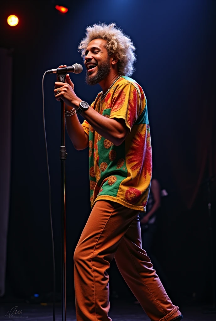 Reggae singer with short blonde hair, microphone in hand, clothes colors reggae color, black fabric simulating a studio in the background