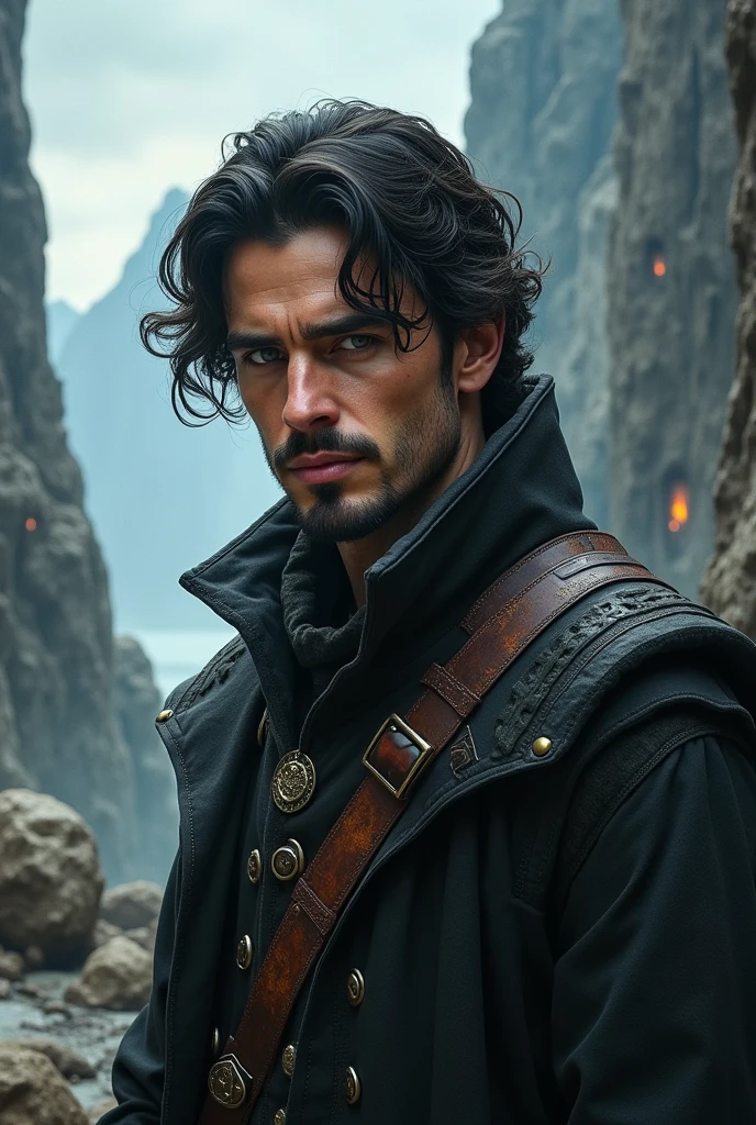 man 30 years old, dark-haired, gray eyes, goatee, medieval scientist, fantasy, by Greg Rutkowski, by Peter Jackson