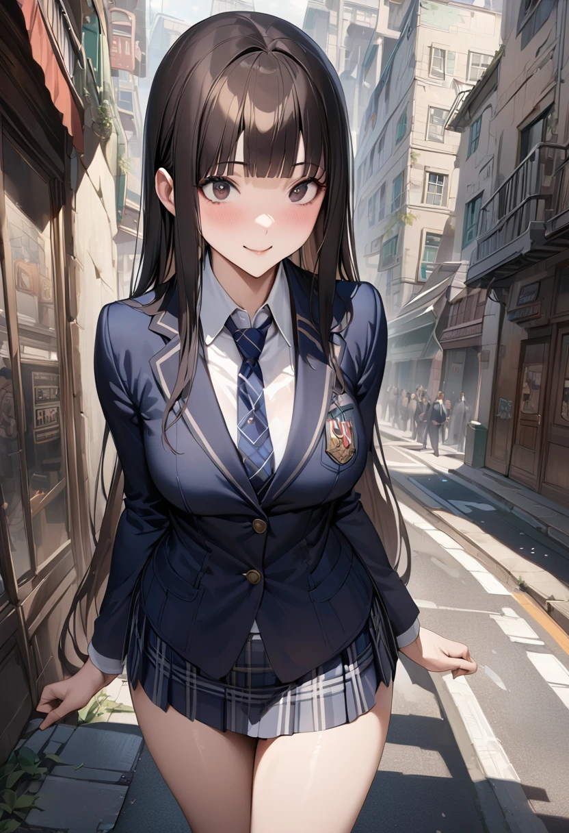 Fantasy art、((masterpiece,best quality anime,Highest quality:1.3)),realistic,portrait,1woman,(Mature Beauty),((very small head:1.4)),((very long body:1.3)),long hair,black hair,bangs,(gorgeous big eyes),black eyes,smile,(School uniform、Dark blue blazer jacket、Navy blue tie、Dark blue plaid mini skirt),white collared shirt,((slender body:1.3,skinny:1.2)),medium breasts,standing,on road,Magic City、High-rise buildings、A world of magic and science,