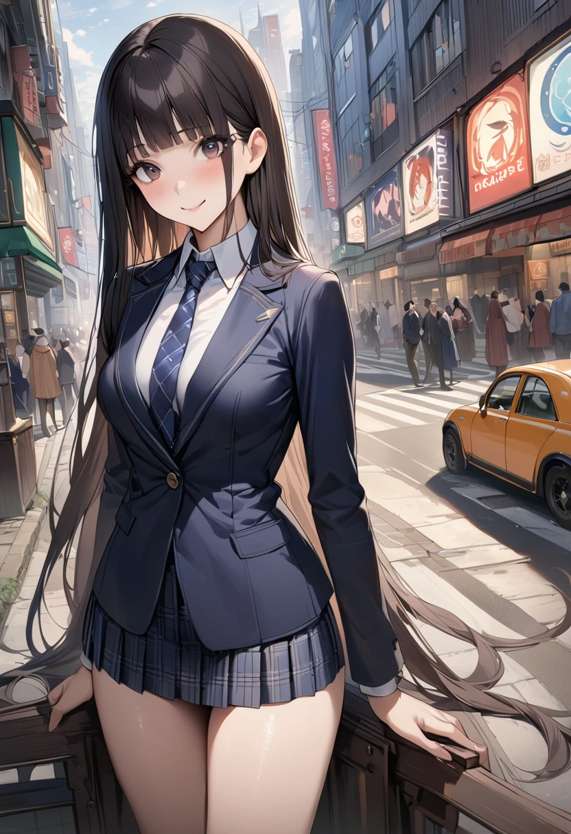 Fantasy art、((masterpiece,best quality anime,Highest quality:1.3)),realistic,portrait,1woman,(Mature Beauty),((very small head:1.4)),((very long body:1.3)),long hair,black hair,bangs,(gorgeous big eyes),black eyes,smile,(School uniform、Dark blue blazer jacket、Navy blue tie、Dark blue plaid mini skirt),white collared shirt,((slender body:1.3,skinny:1.2)),medium breasts,standing,on road,Magic City、High-rise buildings、A world of magic and science,
