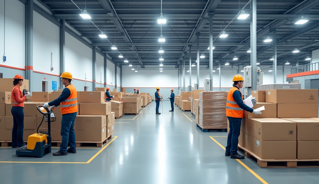 A professional and realistic image illustrating safe working conditions in a fulfillment center. The scene shows a spacious, well-lit warehouse where employees are working with proper safety equipment, including helmets, gloves, and reflective vests. The environment is orderly, with clear safety signage, marked walkways, and visible first aid stations. Workers are engaged in tasks such as packaging and sorting, with safety barriers and equipment in place to protect them. The overall atmosphere conveys a strong emphasis on safety and adherence to protocols, highlighting a secure and responsible workplace.