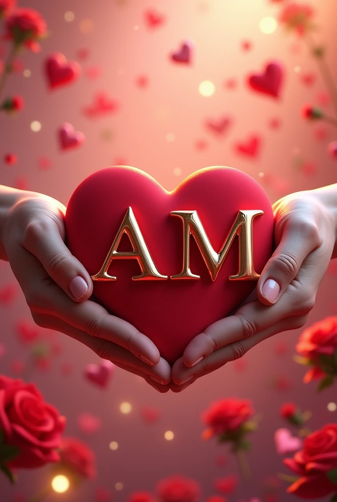 Create an 3d image with a heart in front and letter ‘A, M’ written in it and fill the background with love theme and two hands holding each other