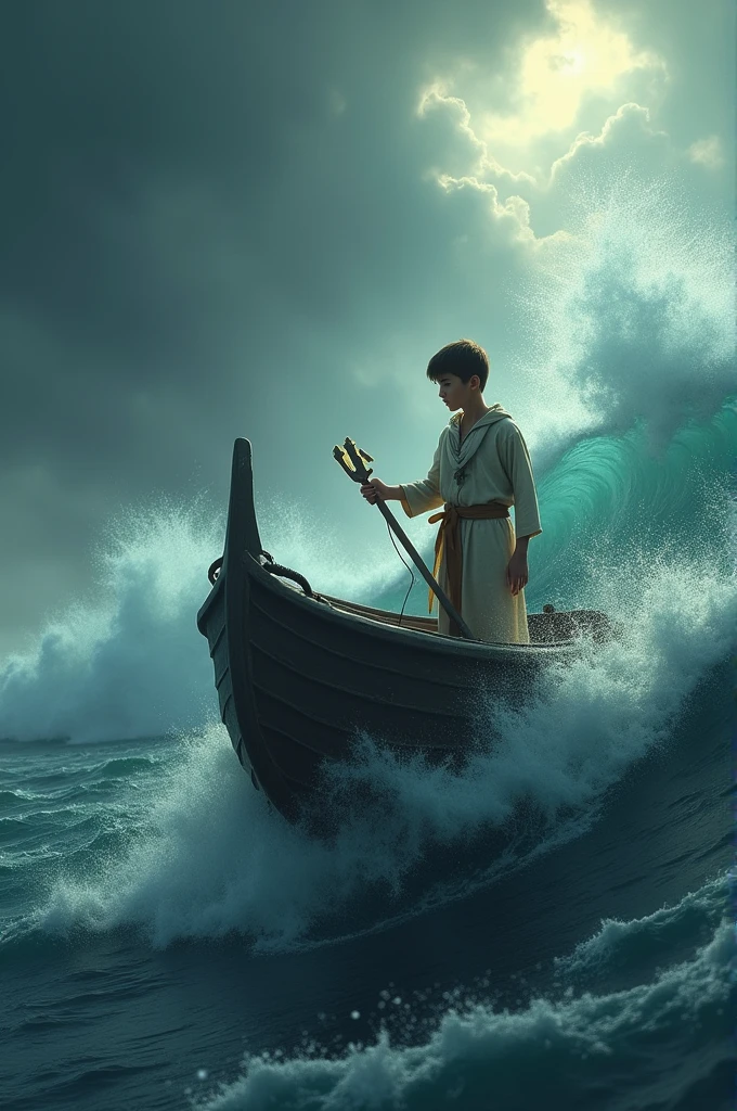 There is a boy in the sea, the sea is very bad, he is going in a boat, he has the name of Allah in his hand