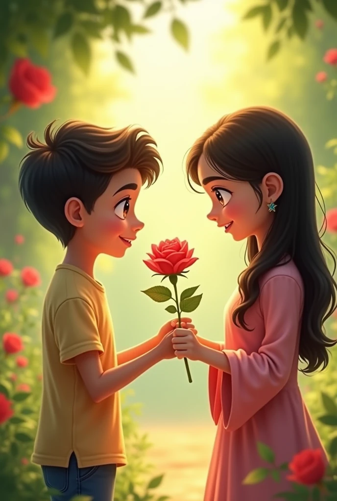 A subham named boy give a rose to Karisma named girl