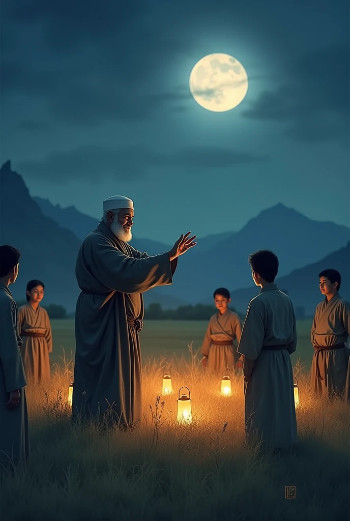 picture of a ninja. An old Muslim grandfather is teaching his 10 students in a field and is illuminated by lanterns brought by his students and the grandfather is demonstrating ninja movements for his students to teach and also the Muslim ninja grandfather. teach about the Koran