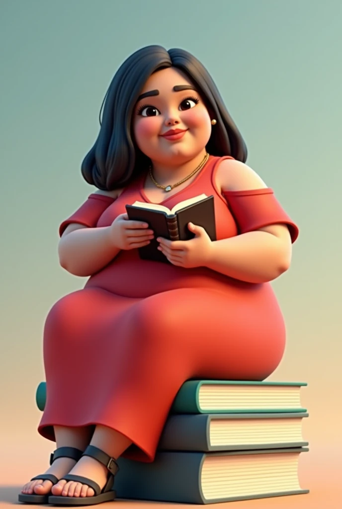 Comando: Create a 3D illustration of an animated Brazilian character sitting casually on top of "textbooks". The evangelical character, must wear a long red dress with sleeves, "with nothing in the ears and no ornaments around the neck," shoulder length hair black and straight, brunette skin, slanted eyes, "very fat and round", with sandals on his feet and holding a Bible, looking straight ahead. The background of the image is a profile page with the username "Amelia" and a matching profile photo.