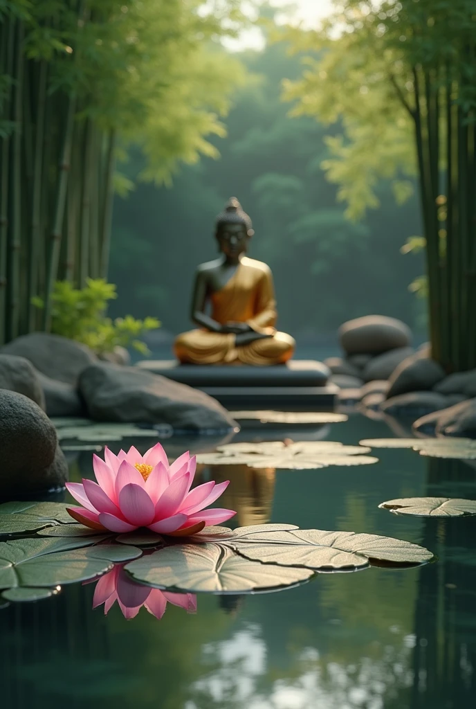 Create a zen garden with a beautiful lake, a lotus flower floating on the water, a golden Buddha and lots of bamboo