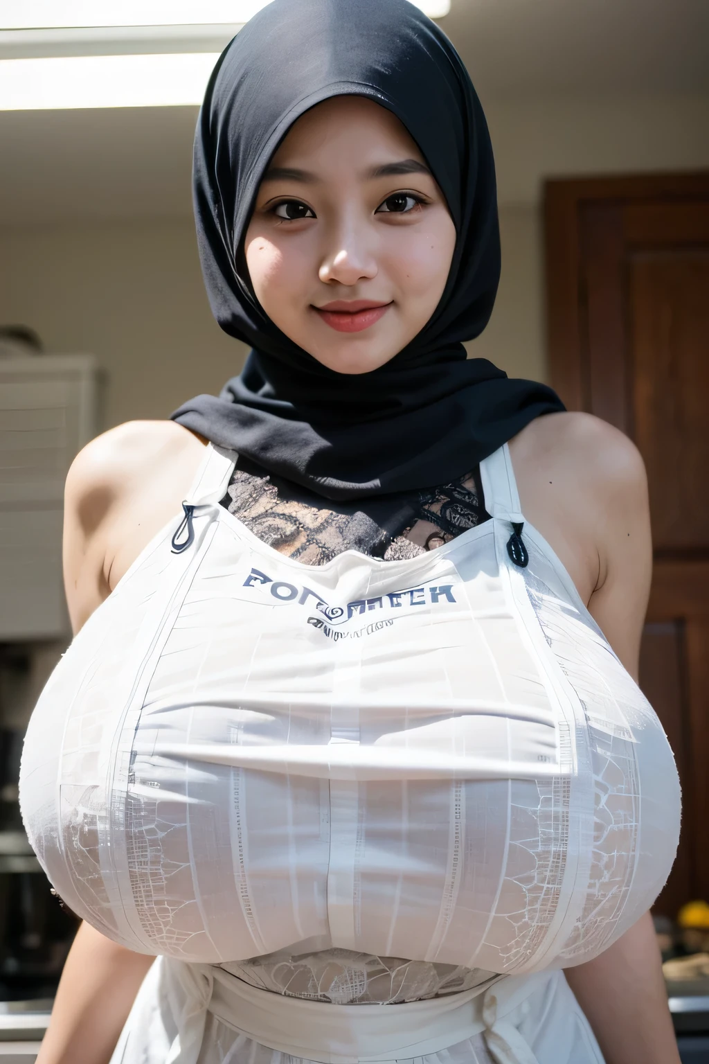 adorable, 1 girl, (face to face), , baby face, happy, medium portrait, (face details: 1), (eye details:1), ((naked big breasts)). wearing ((mini apron)) Cute posed. proportional body. Ultra High Res. realistic: 1.4, UHD, poke ((HIJAB STYLISH style)) , lace (Gigantic:1.999)