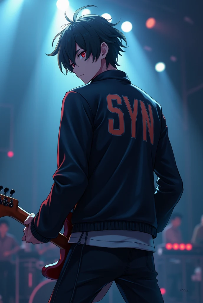 For an anime guy playing guitar on stage wearing a jacket with writing "SYN"