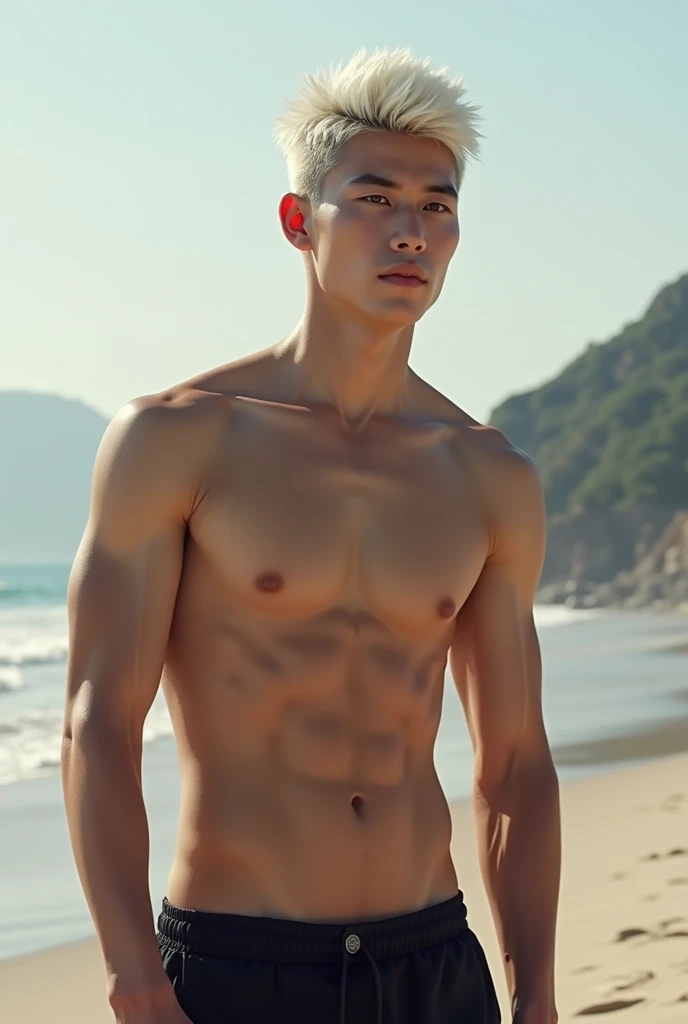 short White-haired handsome young man asia with sexy body naked standing in the distance