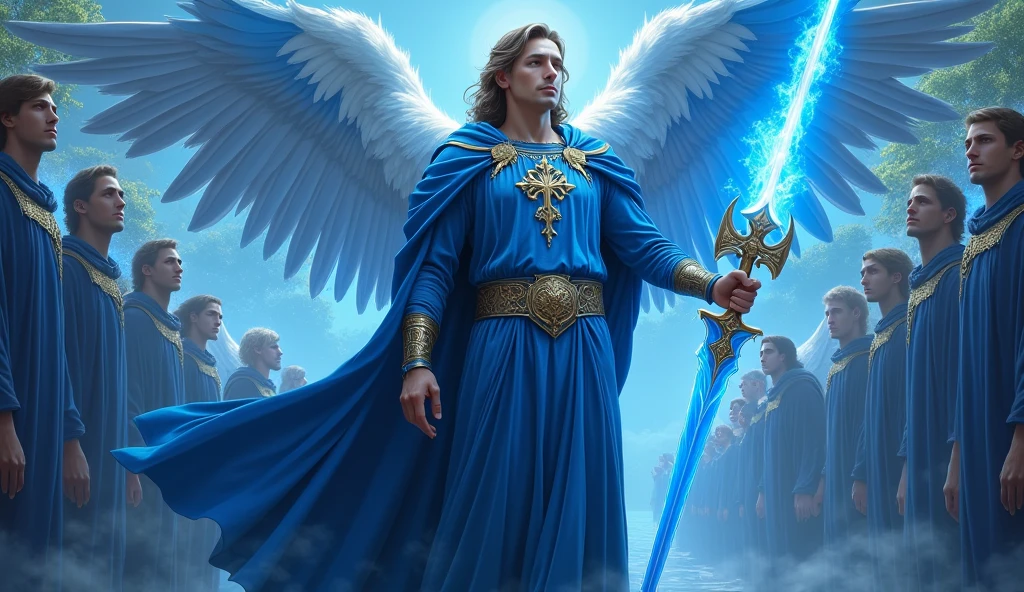 ultra realistic image of archangel michael chic velvet tunic and blue cape, with his blue flame sword, tall blue kyanite crystals, convey depth, in the background 13 male angels with blue capes and tunics in the garden 