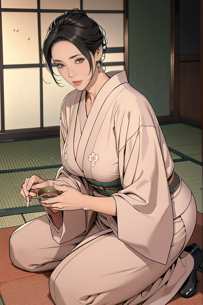 Ruka Rengoku, kimono, bright red pupils, closed mouth, white kimono, low ponytail, hair over shoulder, thick thighs, hourglass figure, half naked, Looking at the viewer with seductive eyes, exposed breasts, brown hair, hard nipples, exposed vagina, hairy vagina, best quality, high res, large breasts, jewelry, off shoulder, no panties, indoors, kitchen