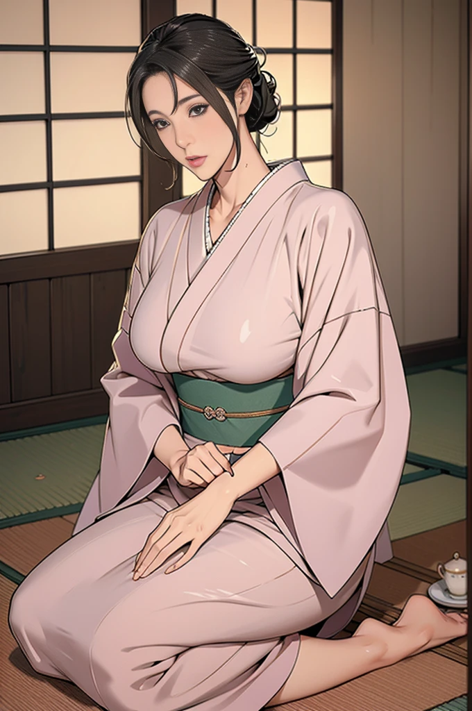 individual，Japanese Hairstyle，Photorealism，detailed，masterpiece，Mature，Beautiful women，Large Breasts，Kneel down，kimono，Japanese-style house，Tea Ceremony