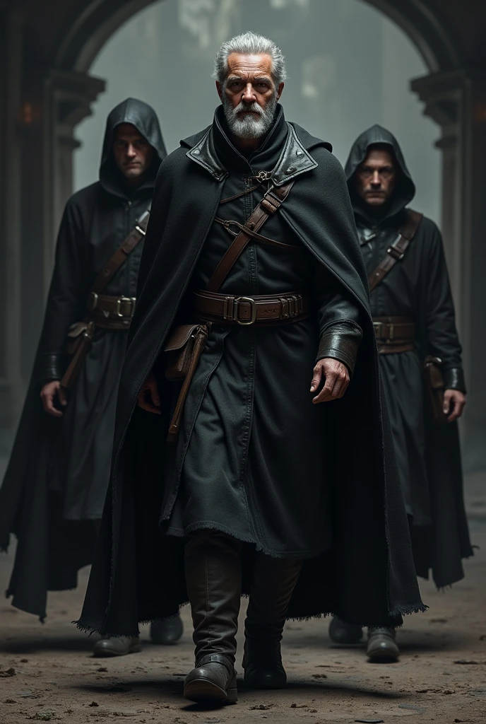 Veteran man, 3 in black leather tunics and black cloaks