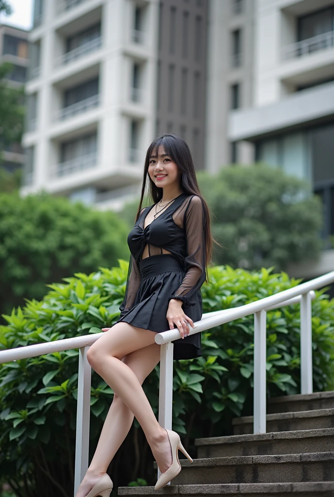 A beautiful asian and young girl.Her facial features are exquisite and fully conform to the golden ratio of human anatomy...Her long,straight long black hair, Big breasts, huge chest, fat body, beautiful scenery, , bim, wearing a sexy sheer blouse long sleeves top, skirt, sexy pose, full body shot, thick body, stairs, stilettos heels, laying back sitting on stairs, beautiful smile
