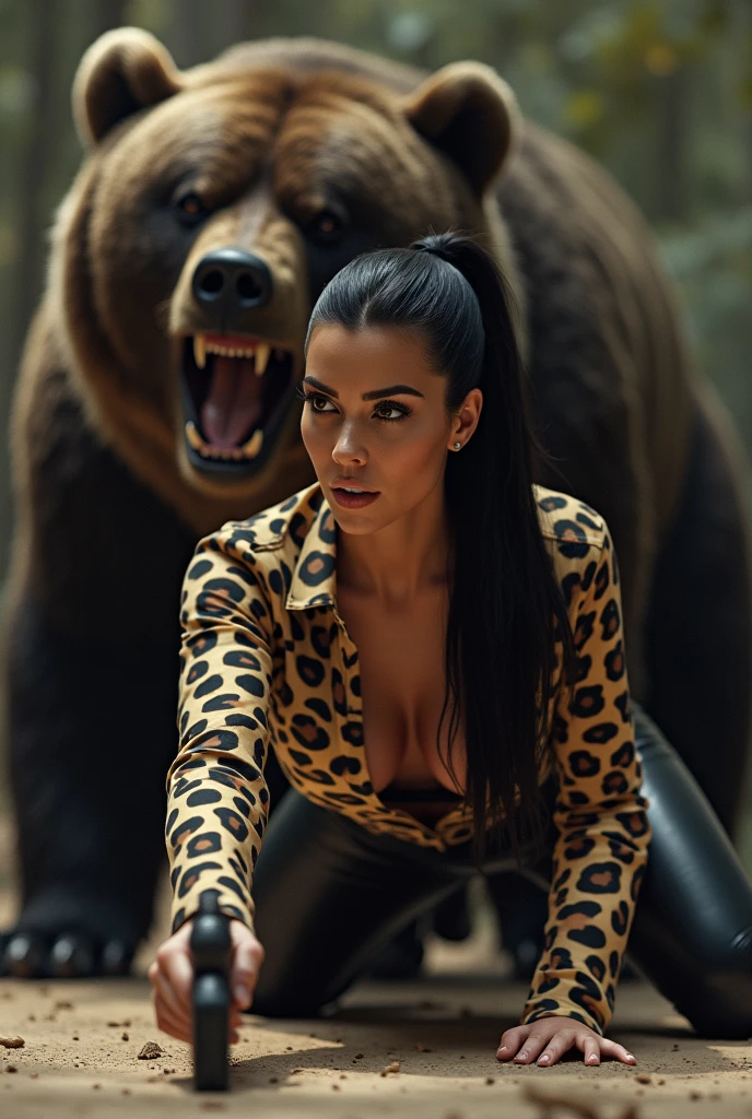 Kim Kardashian with long straight black hair in a ponytail in a leopard print shirt with buttons and sleeves and not cropped, generous cleavage,in very tight black leather pants , she crawls on the floor and desperately tries to grab a gun, behind her is an aggressive bear with an open mouth and sharp teeth jumping at her