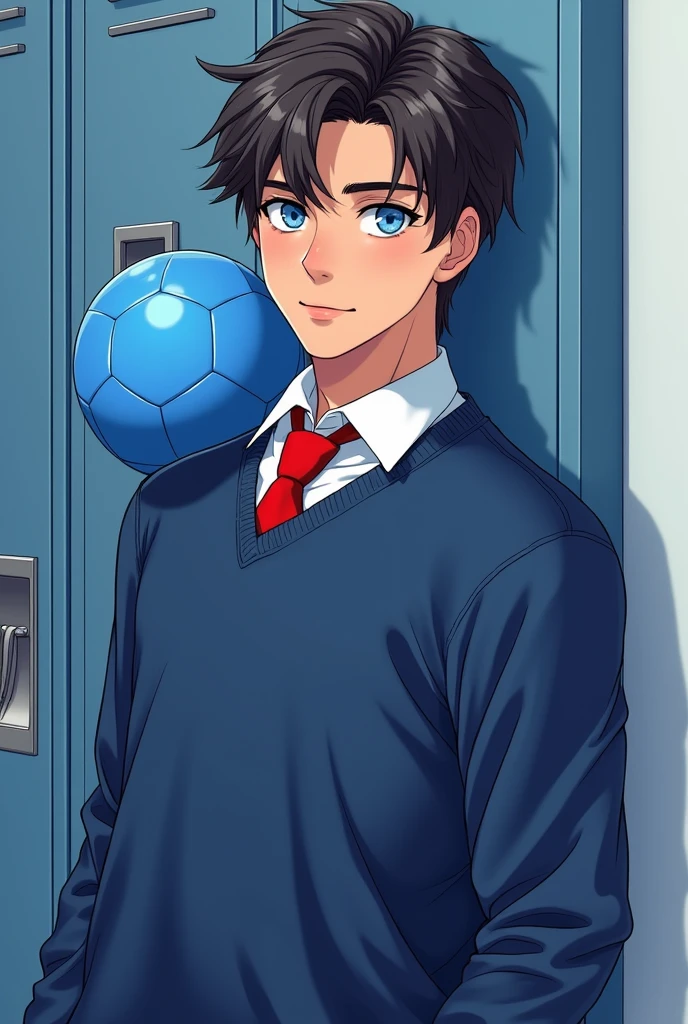 illustration, zoomed out image, I want a young man of 1, beautiful, with dark brown hair and blue eyes, Without beard, clean face, fit, dressed in his school uniform, in a white shirt with a blue sweatshirt, corbata roja con white, leaning on a school locker, blue colour ball, white, negro, red