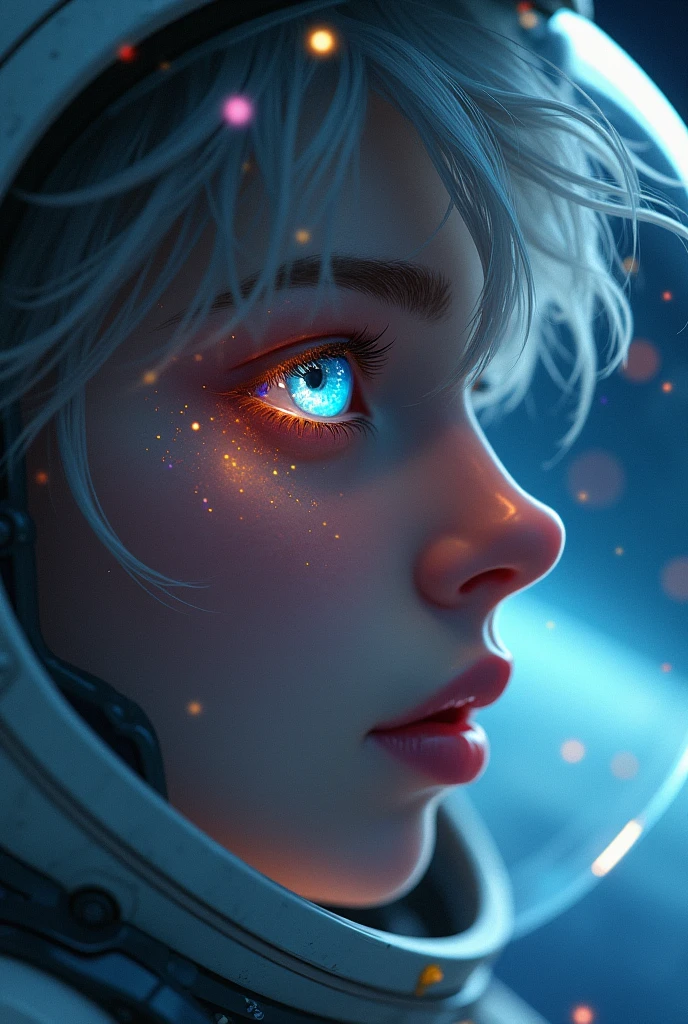 (Close-up of a better masterpiece:1.5)0.9], (Space and astronauts:1.2) (Messy silver hair:1.1) (Heterochromia xanthochromia and blue eyes:1.2) (Space Helmet:1.0) (Colored stars in the eyes:1.0) (A radiant glow:1.1) (thick lips:0.9)
