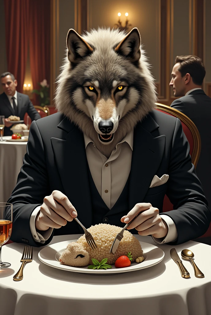 A wolf in a suit in a chic restaurant eats a sheep with a fork and knife