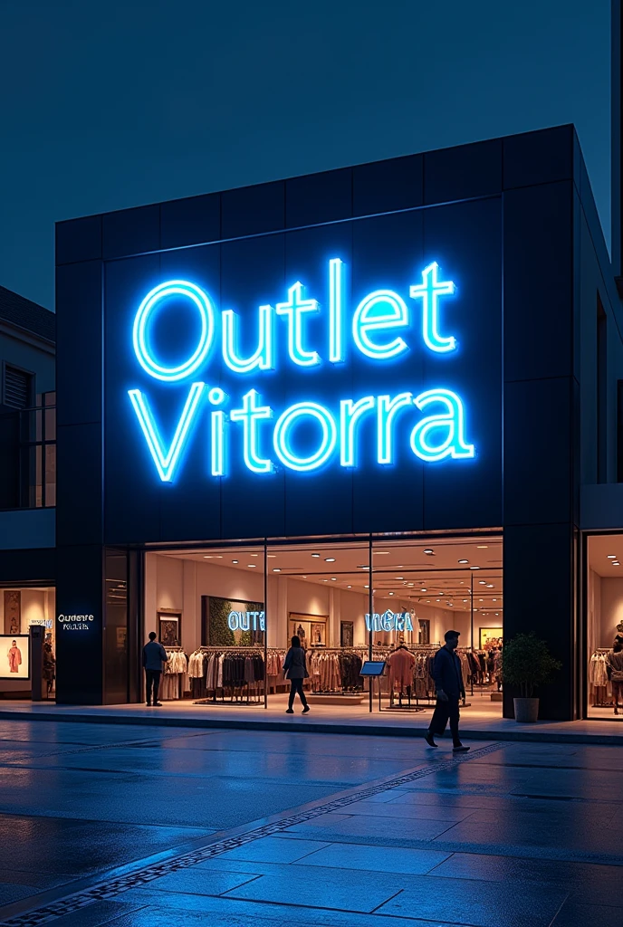 I want a high quality realistic Full 4k 3d image of my store and the written panel "Outlet Vitorra". It&#39;s night time and the name is in neon in front of the building with black glass windows., but it must be very beautiful and leave an air of confidence and credibility as if this place really existed. Set the sign color to blue