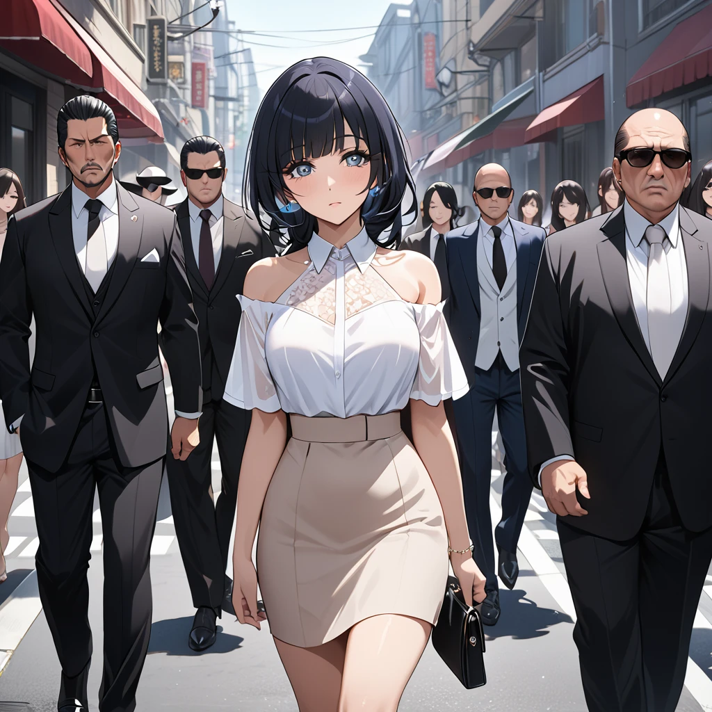((Highest quality)), ((masterpiece)), (detailed), （Perfect Face）、The woman is Reika Aoki, the wife of a mafia boss, with medium-long black hair and an engagement ring.、The woman is walking down the street with a mafia boss and his entourage.