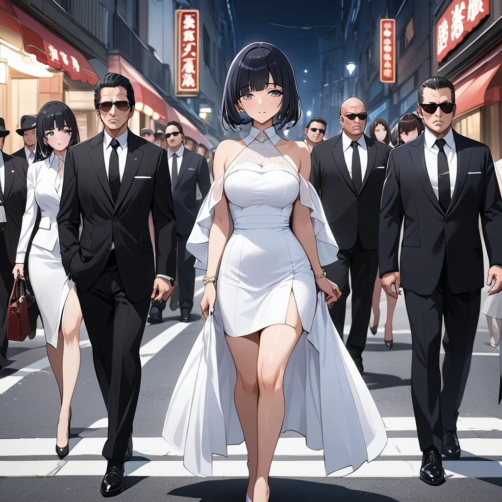 ((Highest quality)), ((masterpiece)), (detailed), （Perfect Face）、The woman is Reika Aoki, the wife of a mafia boss, with medium-long black hair and an engagement ring.、The woman is walking down the street with a mafia boss and his entourage.