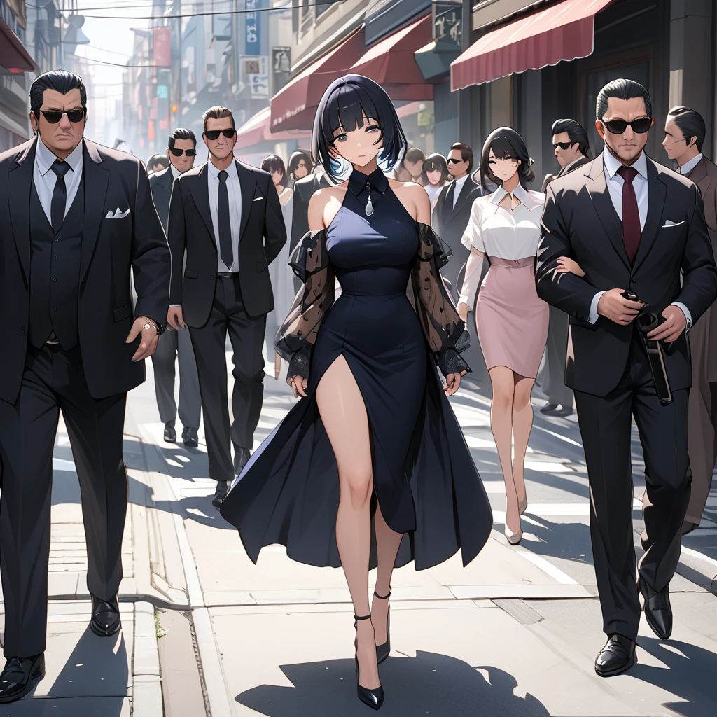 ((Highest quality)), ((masterpiece)), (detailed), （Perfect Face）、The woman is Reika Aoki, the wife of a mafia boss, with medium-long black hair and an engagement ring.、The woman is walking down the street with a mafia boss and his entourage.