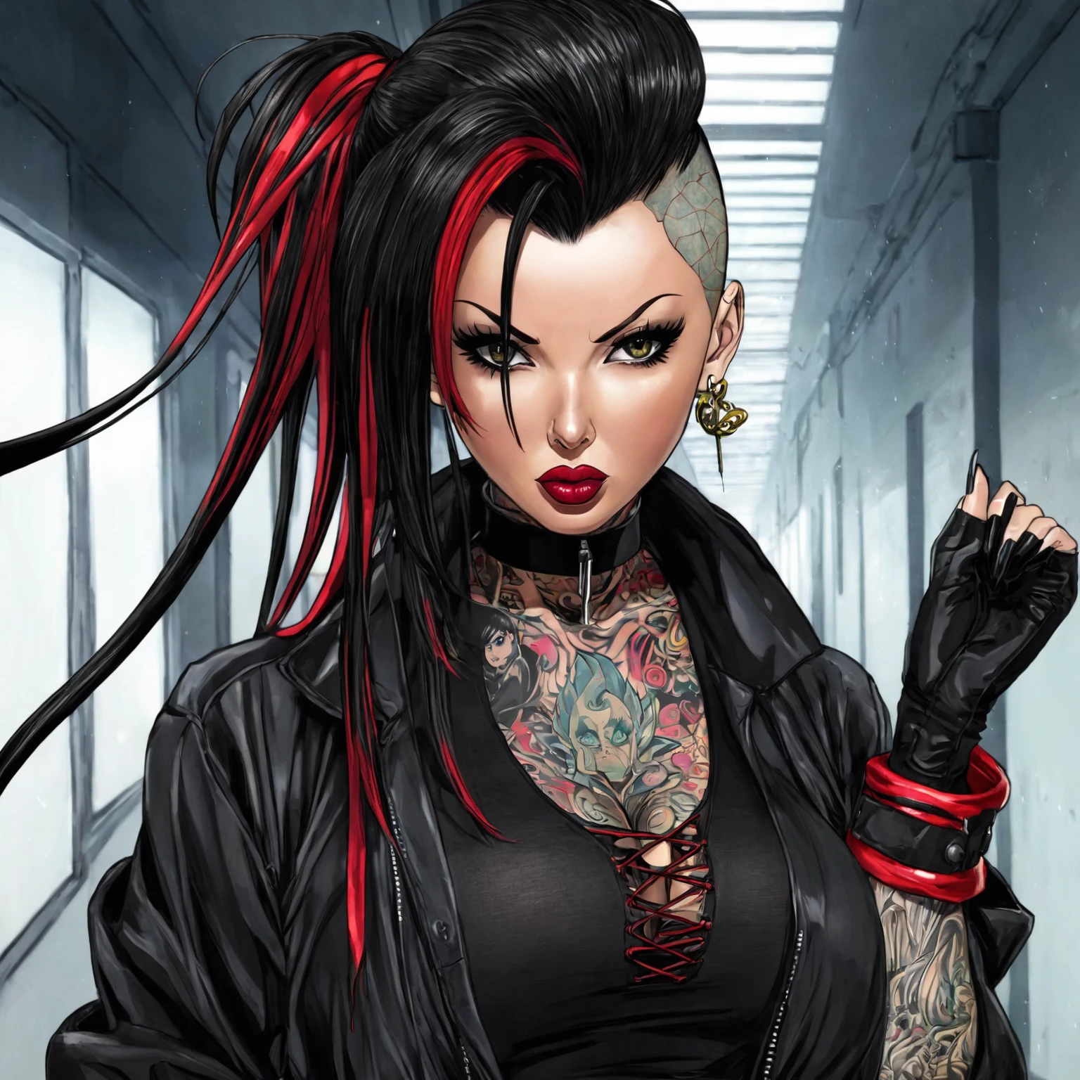 Remake keeping a seinen manga style and apply Christy Mack's face. Set in a morbid setting in a spaceship corridor, dark and foggy, with emergency lights on. Custrophobic sensation. Similar to Dead Space environments, The Callisto Protocol e Alien.