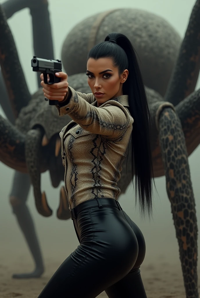 Kim Kardashian with long straight black hair in a ponytail in a shirt with snake print and buttons with sleeves and not belly-free, generous cleavage,in very tight black leather pants , behind her is a giant spider with an open mouth and sharp teeth , she aims a gun at someone 