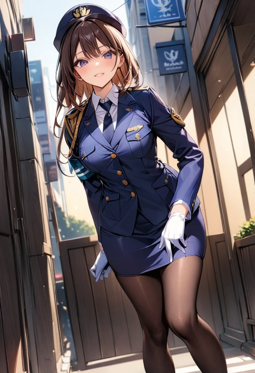 Uniform Buttons、Collared shirt、Black tie、Navy blue pencil skirt、Black Pantyhose、Uniform jacket、Black pumps、White gloves