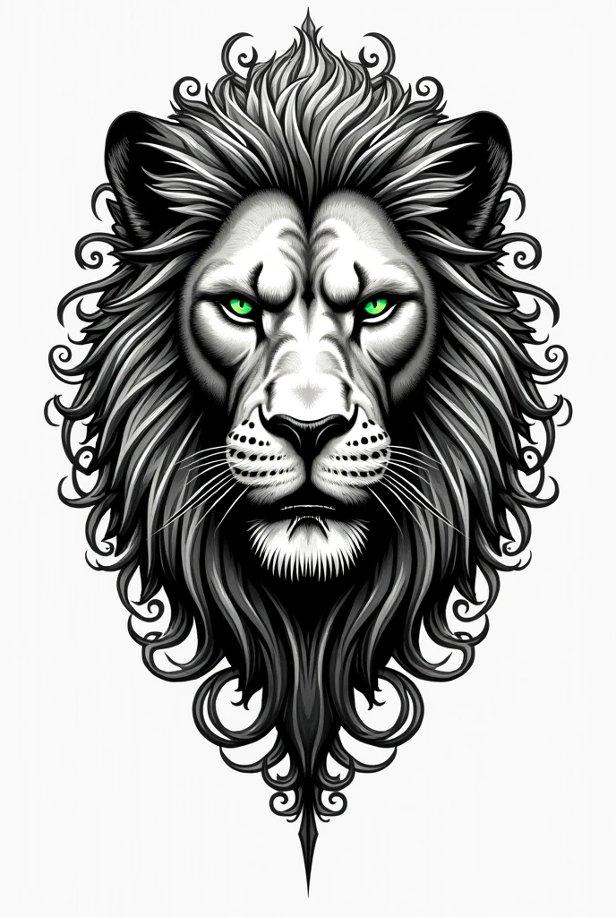 Indian style tattoo with lion with green eyes looking mean, in black and white and Wolverine on each side