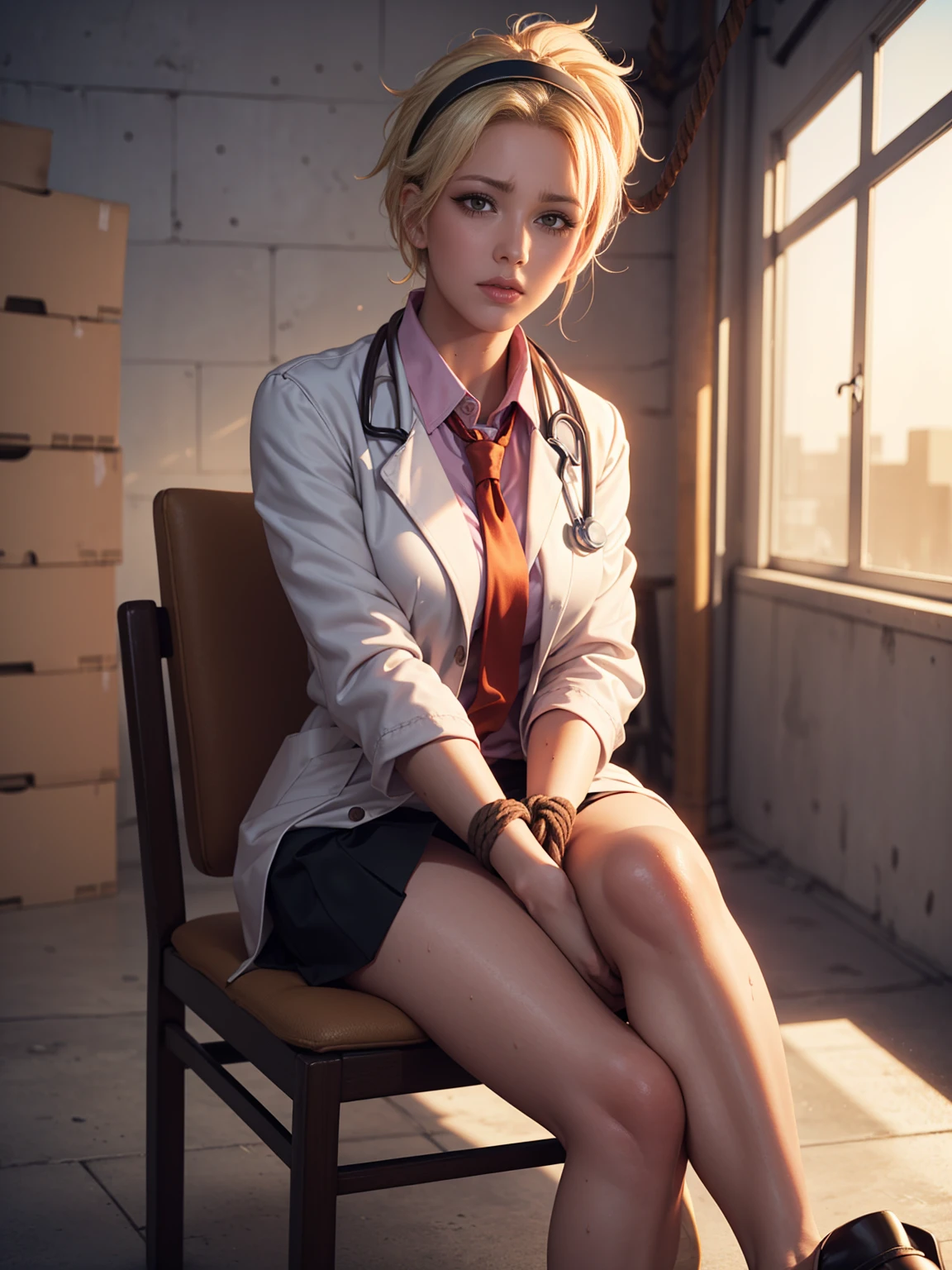 Beautiful,woman, Mercy from overwatch, blonde wet hair, hairband, dewy complexion, long eyelashes,soft-petalled lips,(beautiful detailed lips:1.1),(medium breasts:0.9),youthful appearance, blonde locks cascading down, seductive sexy pose,(empty warehouse background:1.1),soft sunlight, pastel color palette,(best quality:1.2),(highres:1.1),(realistic:1.37),(physically-based rendering:1.1),(vivid colors:1.1),(soft lighting:1.1), full body, (((visible feet))), (((wearing a doctor coat))), black skirt, pink blouse, heels. panties. sweaty, blushed, (((sitting on chair))), (((tied hands with ropes))), (((arms behind back))), tied to a chair, (((panic face))), (((frightened))), (((struggling))), front view, small panties